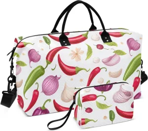 Chili Pepper Onion Sports Gym Bag for Women Men Travel Duffel Bag Weekend Overnight Carry on Bag with Toiletry Bag Hospital Bag for Hospital Plane Swimming Yoga Workout