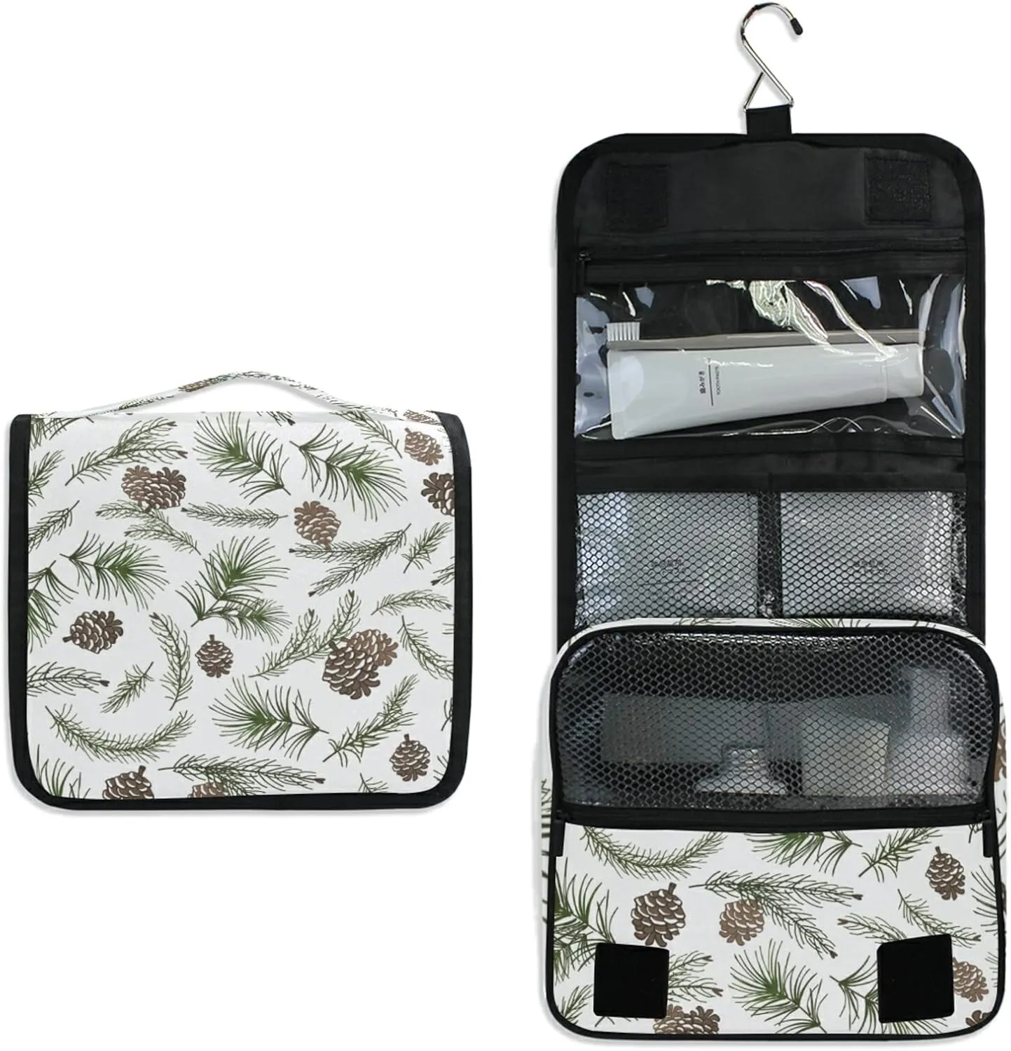 Christmas Tree Green Branches, Pine Cone Fir, Spruce Hanging Wash Gargle Toiletry Bag Travel Cosmetic Makeup Case Organizer Storage Large Portable