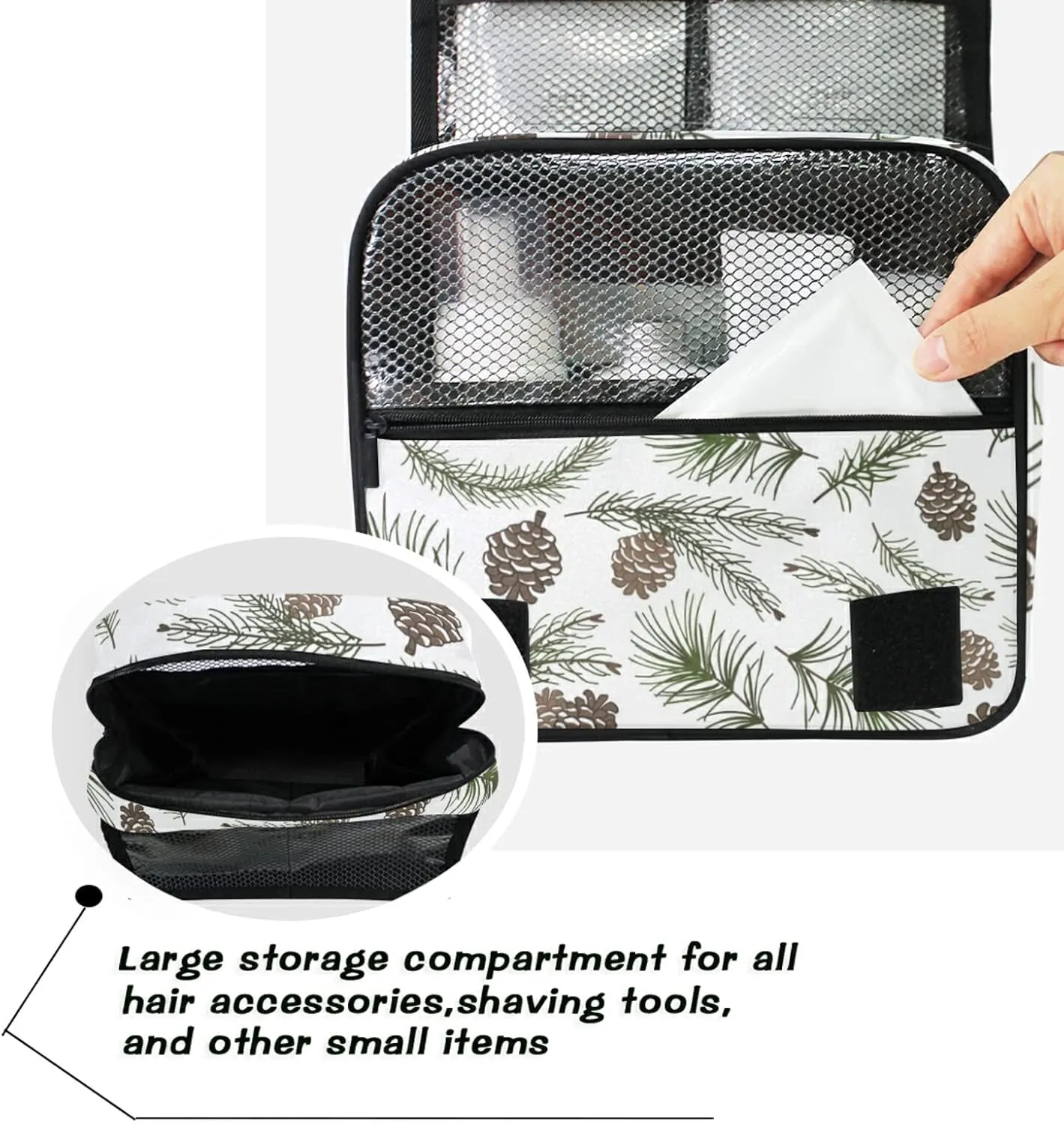 Christmas Tree Green Branches, Pine Cone Fir, Spruce Hanging Wash Gargle Toiletry Bag Travel Cosmetic Makeup Case Organizer Storage Large Portable
