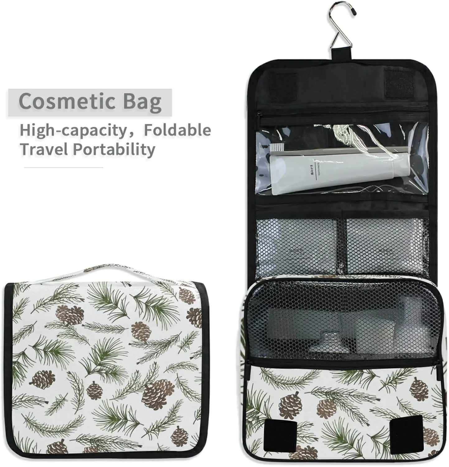 Christmas Tree Green Branches, Pine Cone Fir, Spruce Hanging Wash Gargle Toiletry Bag Travel Cosmetic Makeup Case Organizer Storage Large Portable