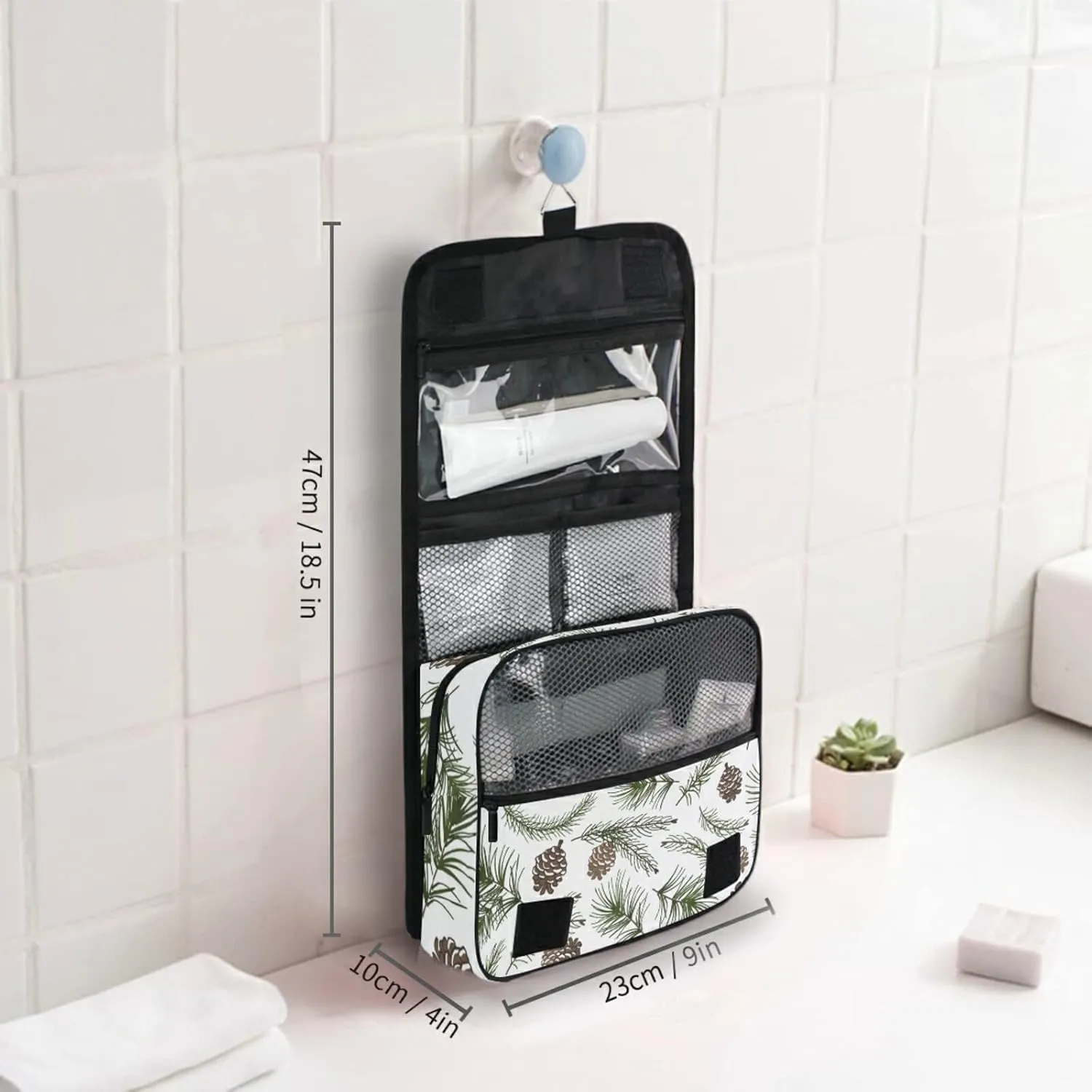 Christmas Tree Green Branches, Pine Cone Fir, Spruce Hanging Wash Gargle Toiletry Bag Travel Cosmetic Makeup Case Organizer Storage Large Portable