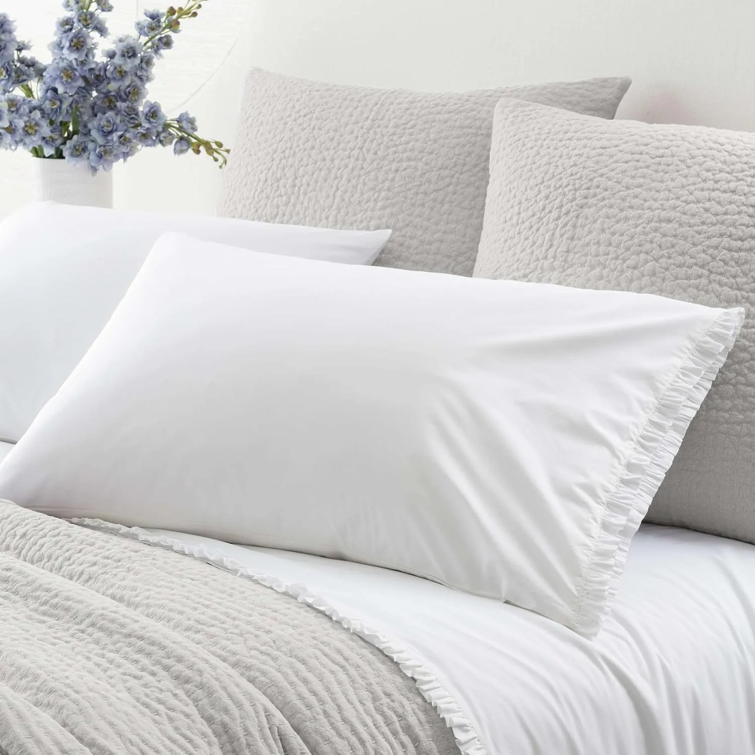 Classic Ruffle White Pillowcases (Pair), King Size, White Solid Pattern