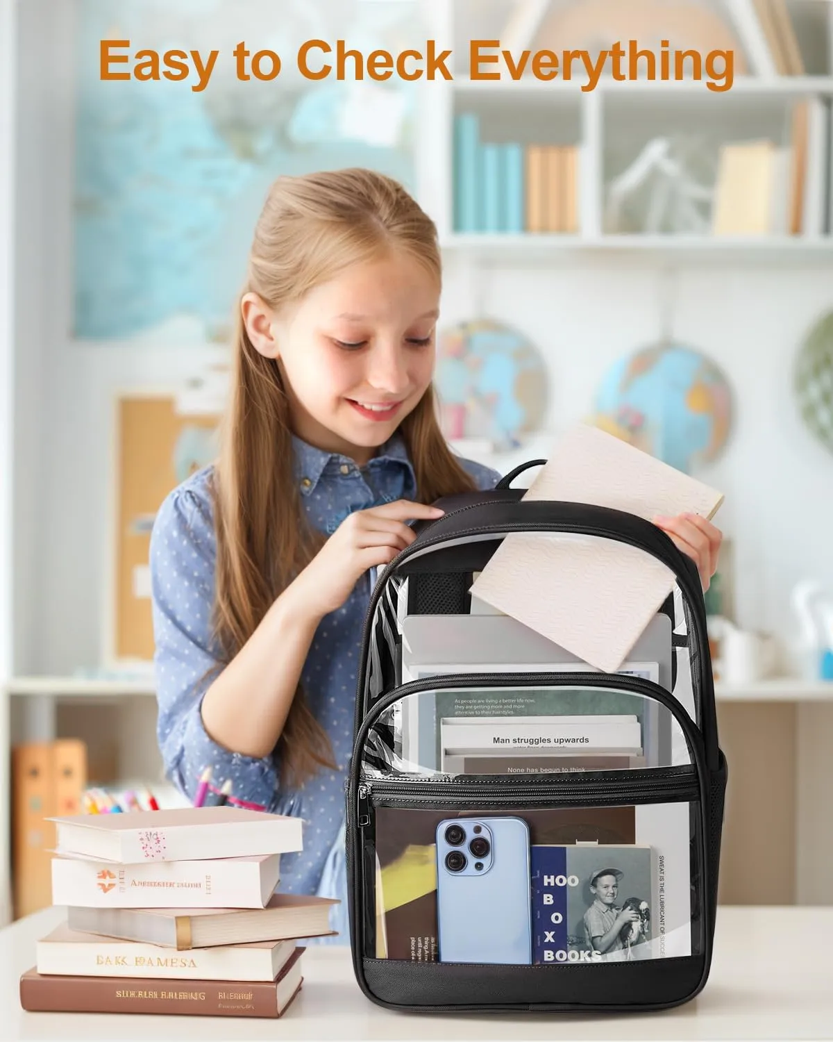 Clear Backpack, Heavy Duty Transparent Bookbag for School, Fabric & PVC Transparent Backpack with Reinforced Strap for Women Men, Capacity Clear Bag for College, Medium Black