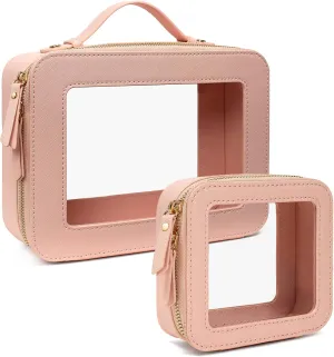 Clear Makeup Bags TSA Approved Toiletry Bag Handle Large Opening,Clear Toiletry Bags for Carry-on Traveling Travel Car Accessories Essentials Organziation Storage for Women Girls(Pink, Mini&Large)