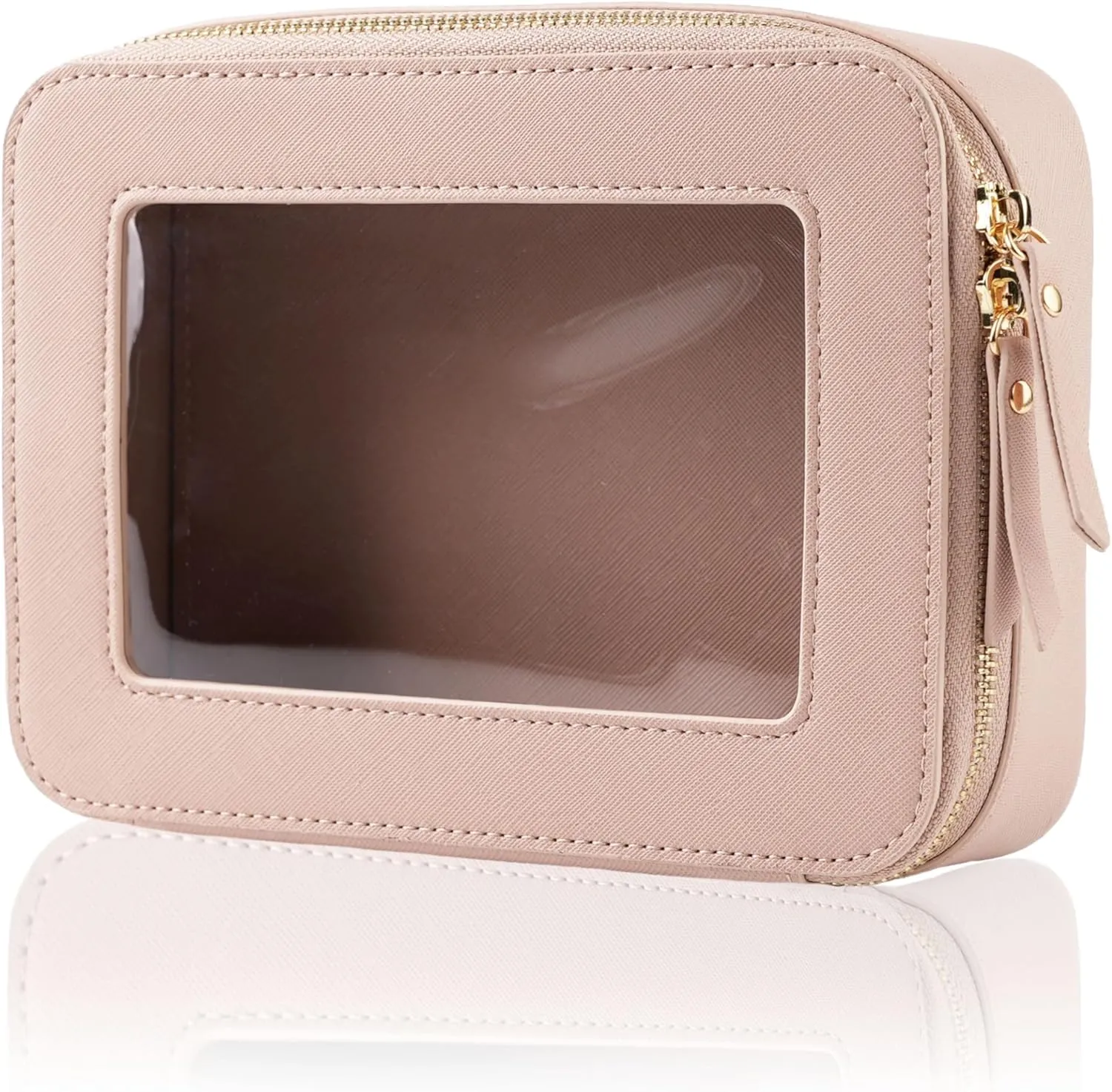 Clear Makeup Case, Durable Saffiano Faux Leather Travel Cosmetic Bag, Toiletry Bag with Visual Window & Dual Zippers, Travel Essentials for Women (Pink, Medium)