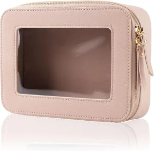 Clear Makeup Case, Durable Saffiano Faux Leather Travel Cosmetic Bag, Toiletry Bag with Visual Window & Dual Zippers, Travel Essentials for Women (Pink, Medium)