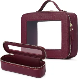 Clear Travel Makeup Bag with Brush Bag Portable Transparent Cosmetic Bag and Toiletry Bag Waterproof Clear Makeup Bag with Zipper Car Bag for Women (Burgundy, L Slim)