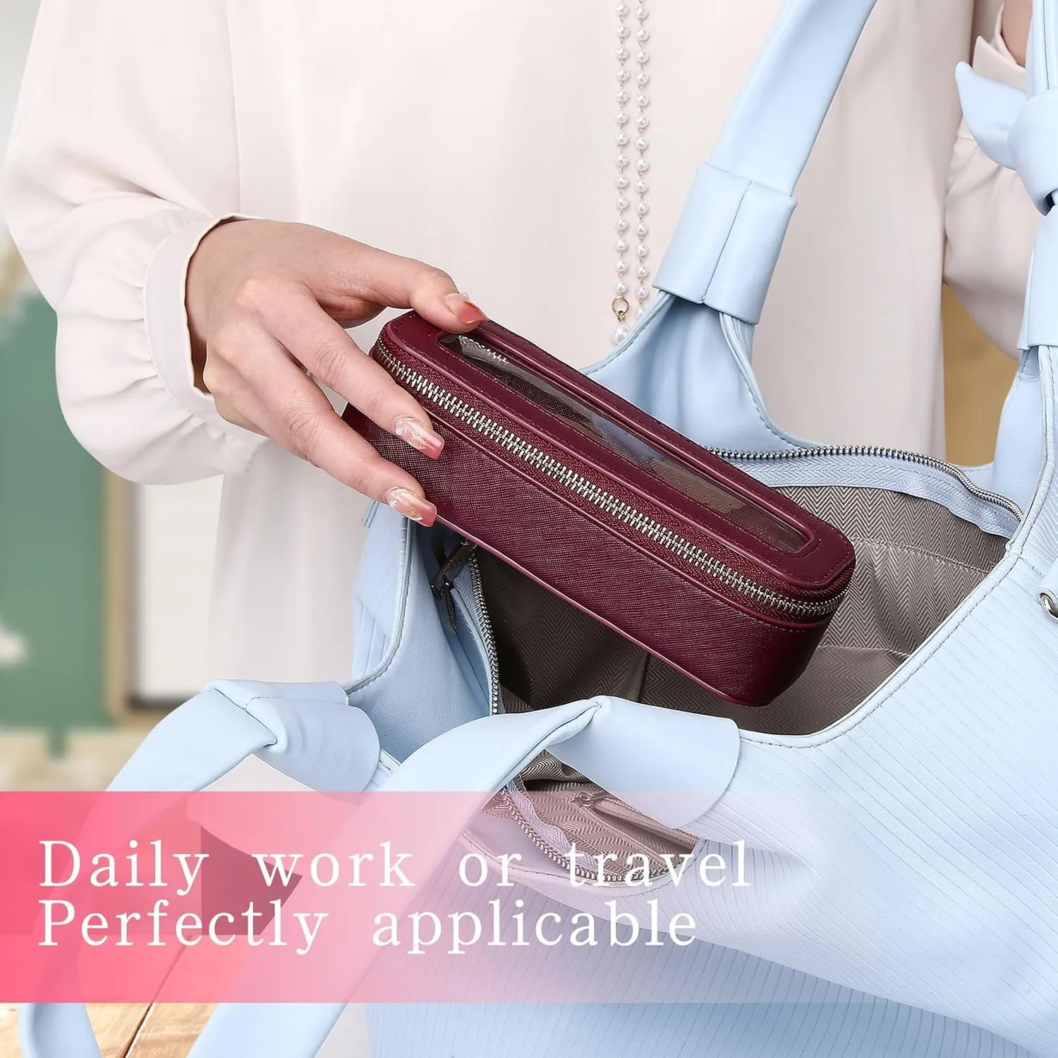 Clear Travel Makeup Bag with Brush Bag Portable Transparent Cosmetic Bag and Toiletry Bag Waterproof Clear Makeup Bag with Zipper Car Bag for Women (Burgundy, L Slim)