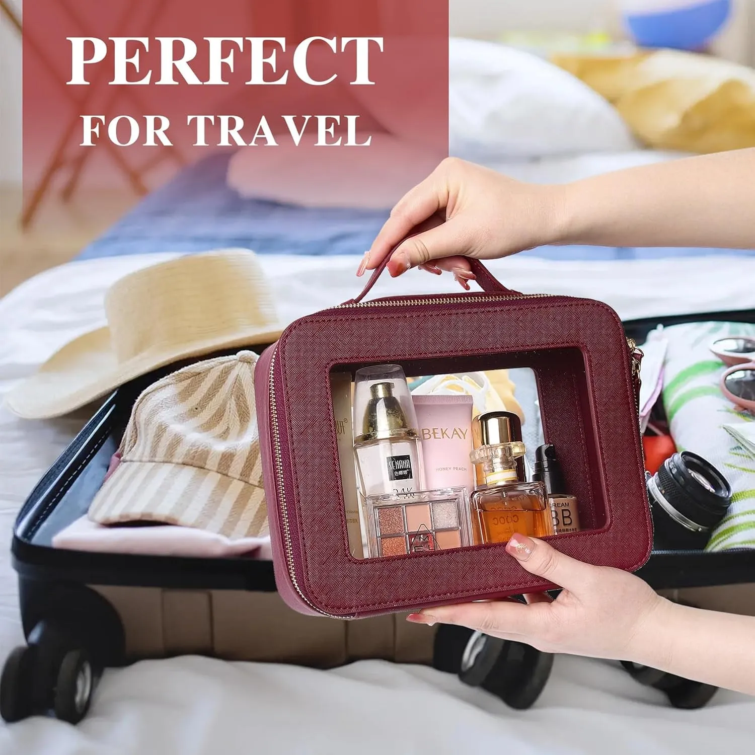 Clear Travel Makeup Bag with Brush Bag Portable Transparent Cosmetic Bag and Toiletry Bag Waterproof Clear Makeup Bag with Zipper Car Bag for Women (Burgundy, L Slim)