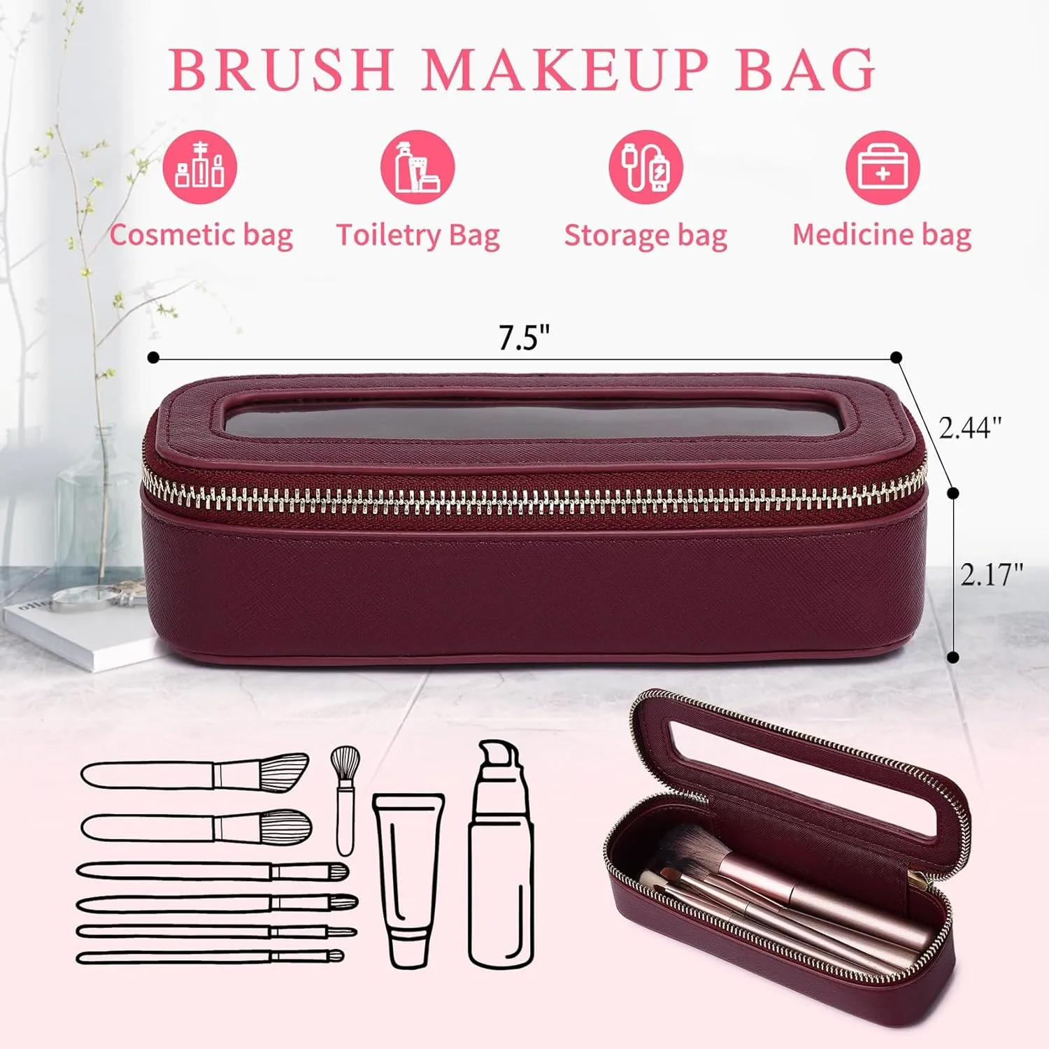 Clear Travel Makeup Bag with Brush Bag Portable Transparent Cosmetic Bag and Toiletry Bag Waterproof Clear Makeup Bag with Zipper Car Bag for Women (Burgundy, L Slim)