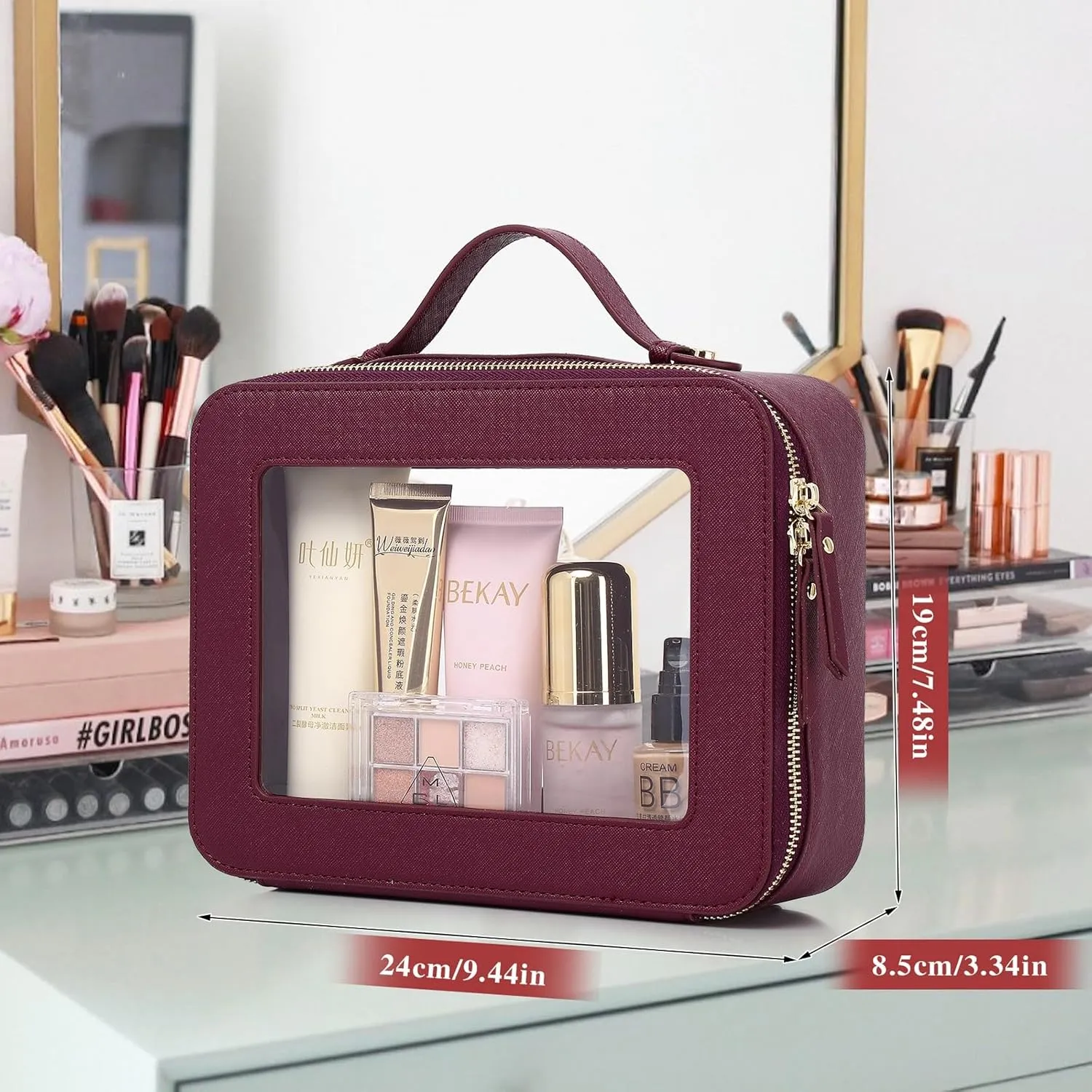 Clear Travel Makeup Bag with Brush Bag Portable Transparent Cosmetic Bag and Toiletry Bag Waterproof Clear Makeup Bag with Zipper Car Bag for Women (Burgundy, L Slim)