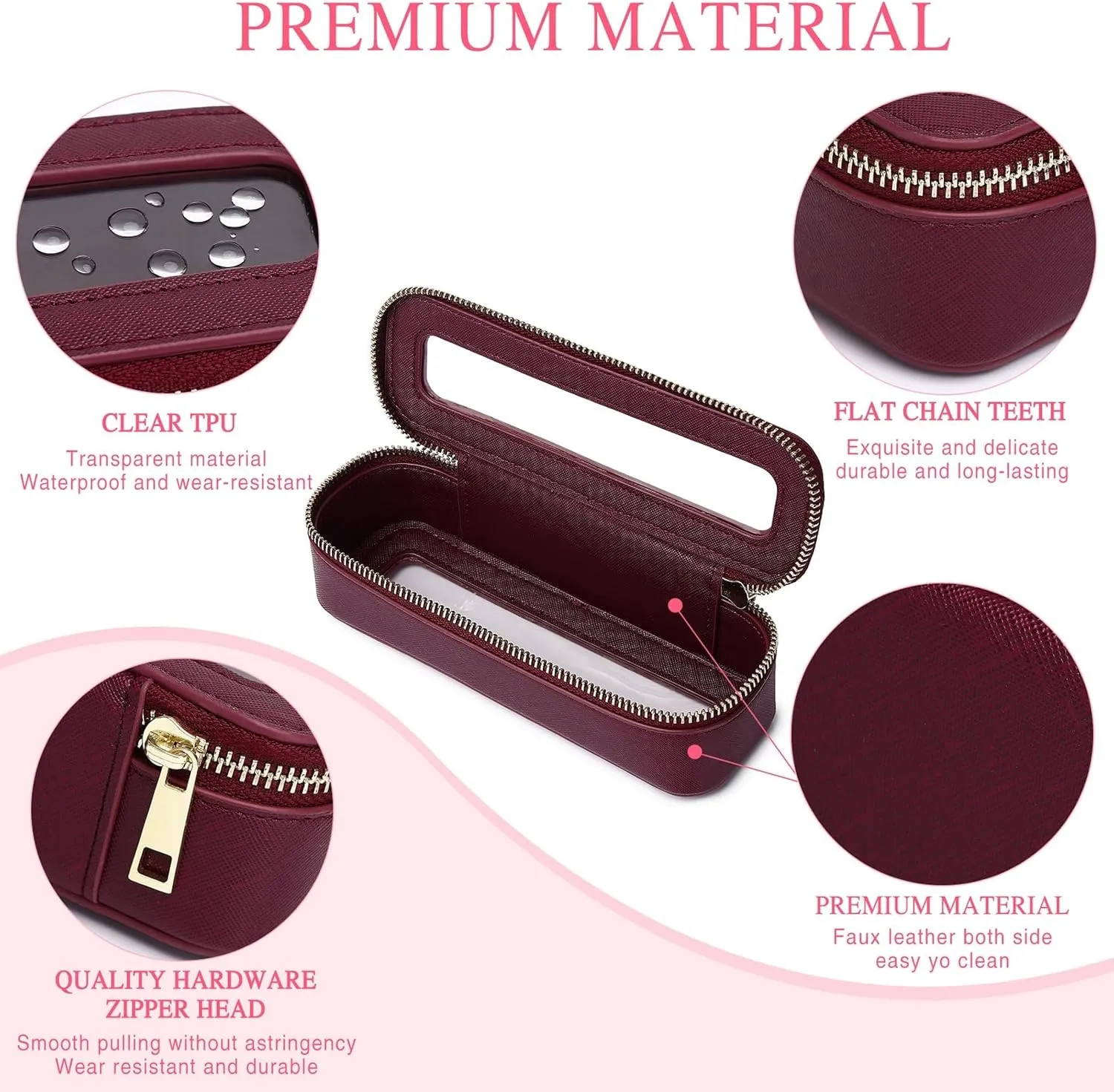 Clear Travel Makeup Bag with Brush Bag Portable Transparent Cosmetic Bag and Toiletry Bag Waterproof Clear Makeup Bag with Zipper Car Bag for Women (Burgundy, L Slim)