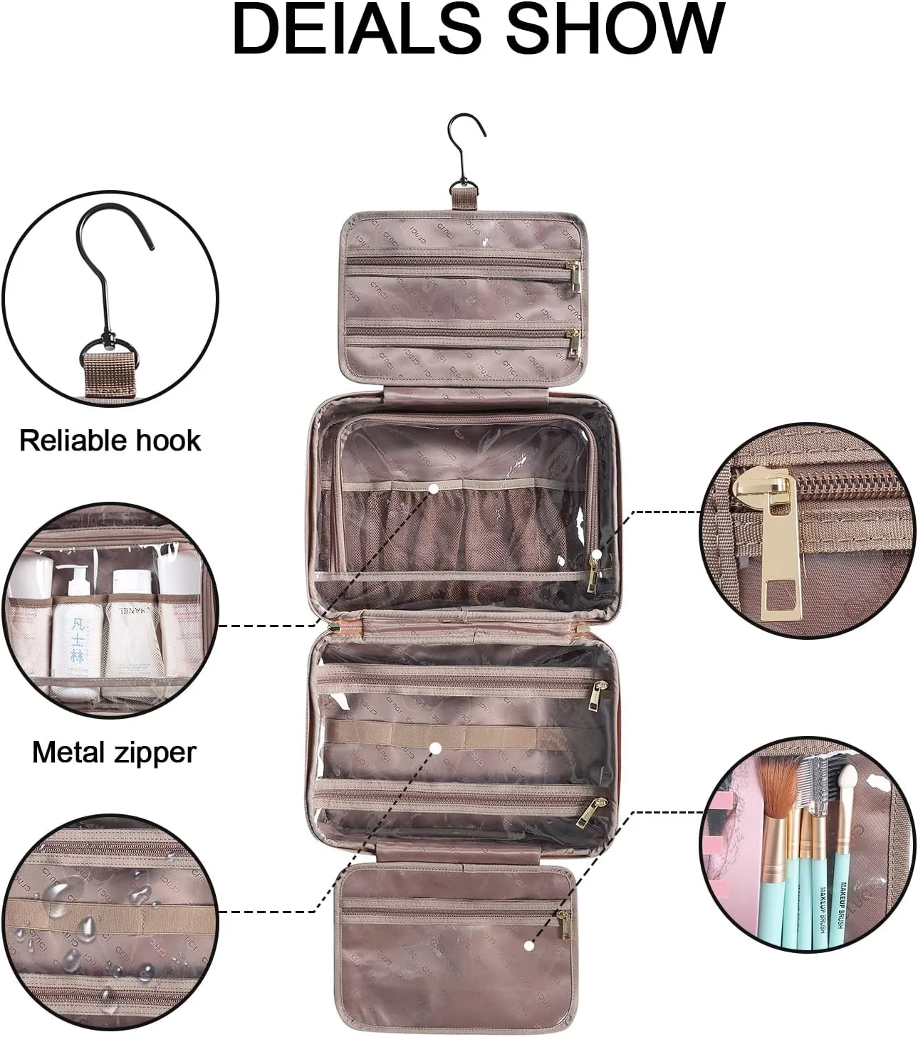 CLUCI Toiletry Bag Travel Bag with Hanging Hook Leather Makeup Cosmetic Bag Travel Organizer for Accessories Shampoo Container Toiletries
