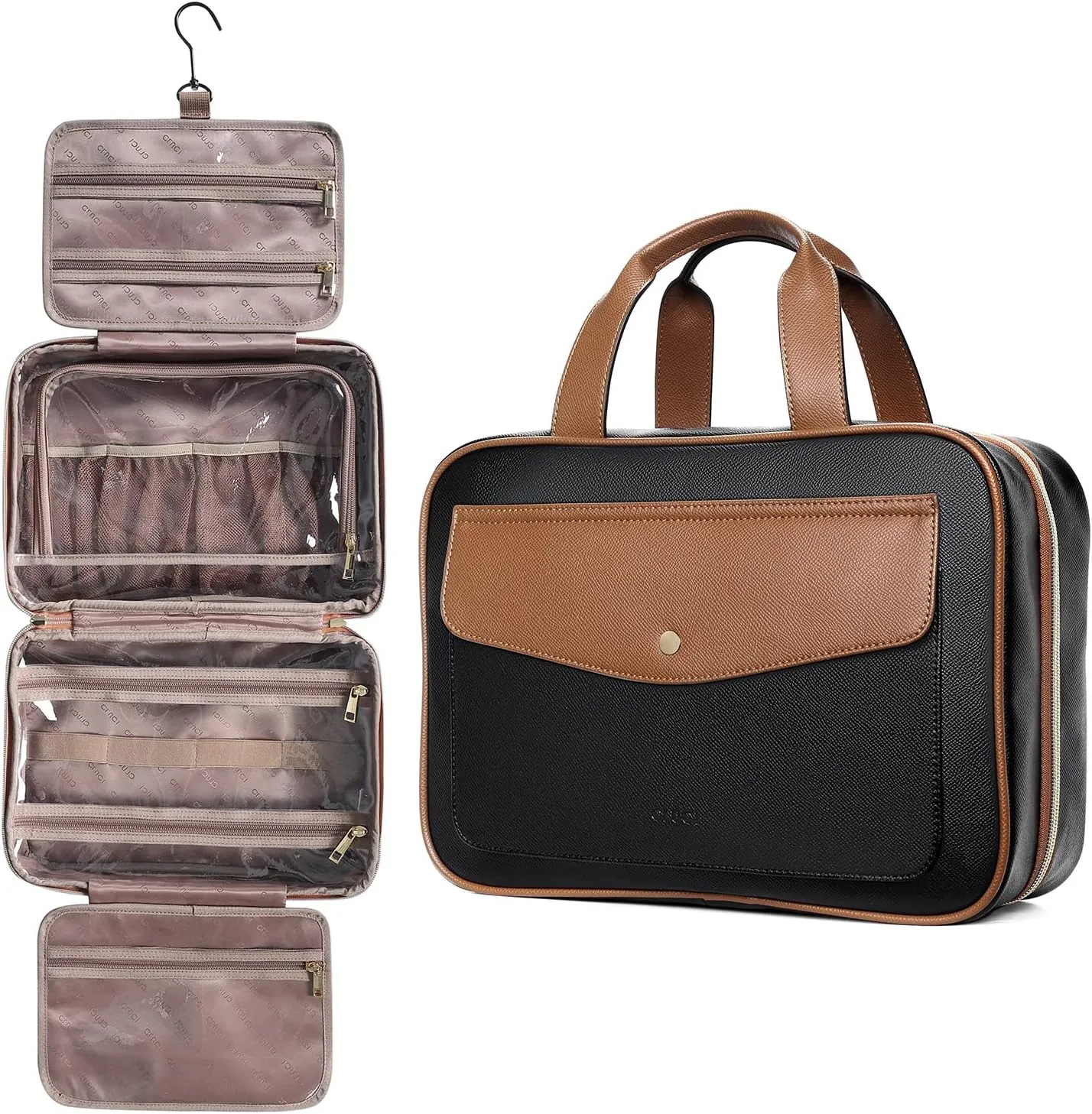 CLUCI Toiletry Bag Travel Bag with Hanging Hook Leather Makeup Cosmetic Bag Travel Organizer for Accessories Shampoo Container Toiletries