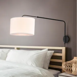 Coby Adjustable Sconce, Wall Mount Light with Telescopic Swing Arm, Matte Black Finish with 2 Linen Shades Included