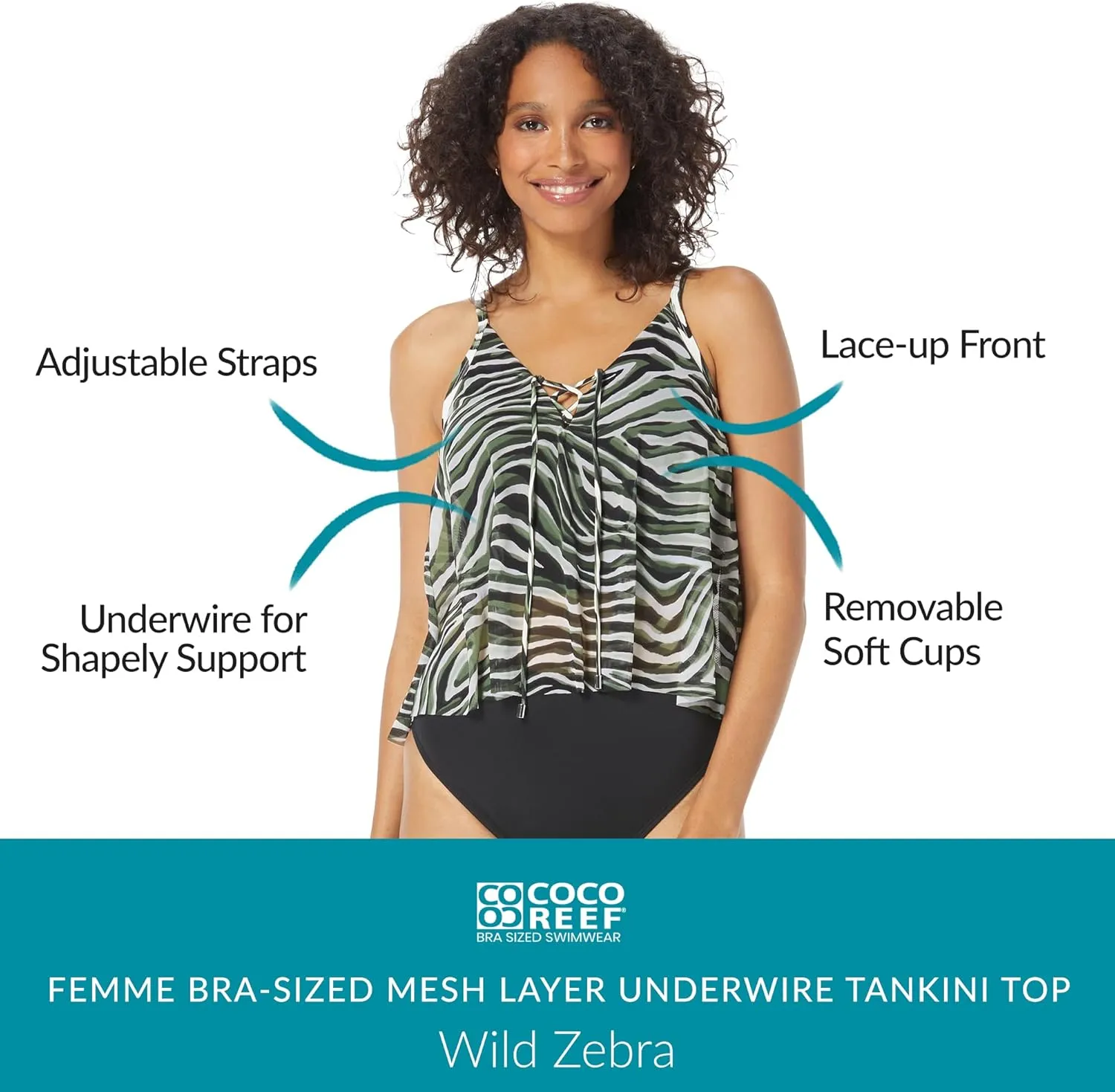 COCO REEF Femme Bra Sized Mesh Layer Tankini — Cup Sizes C, D, DD Underwire Swim Top