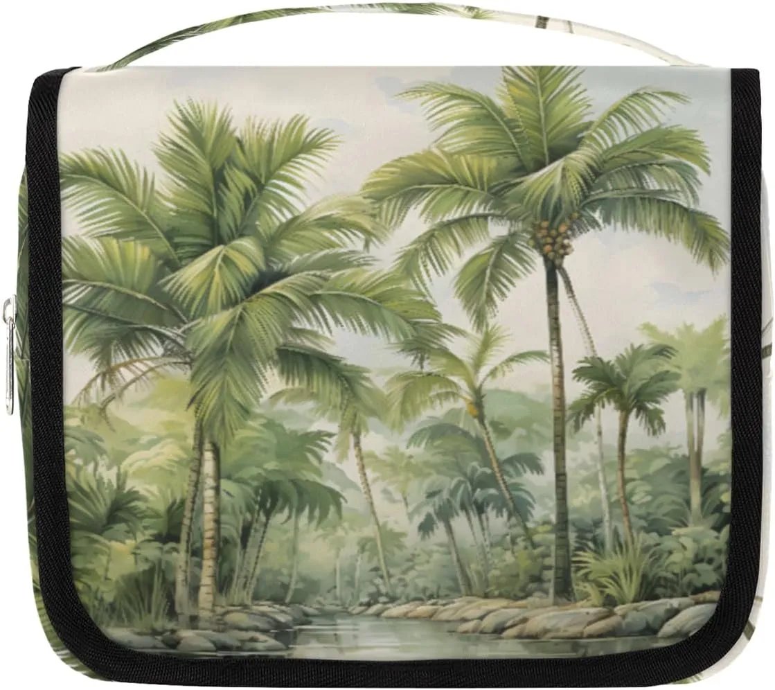 Coconut Palm Hanging Travel Toiletry Bag Kit Makeup Case Cosmetics Organizer Tropical Palm Trees Toiletry Bag for Women Make up Accessories Shampoo Body Cream Brushes Set