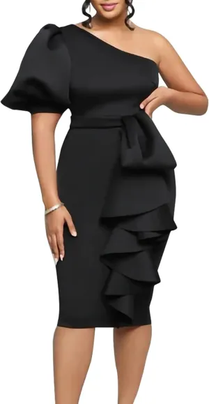 Cololura Women Sexy Elegant V Neck Short Sleeve Slit Ruffle Maxi Dress Formal Pencil Bodycon Midi Dress