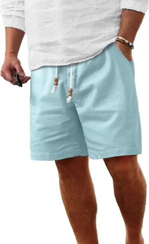 Comdecevis Men's Linen Shorts Casual Elastic Waist Drawstring Summer Beach Vacation Yoga Golf Shorts with Pockets