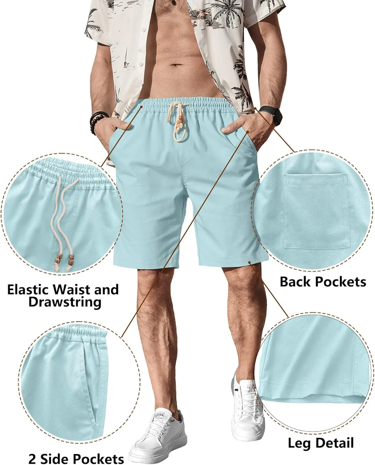 Comdecevis Men's Linen Shorts Casual Elastic Waist Drawstring Summer Beach Vacation Yoga Golf Shorts with Pockets