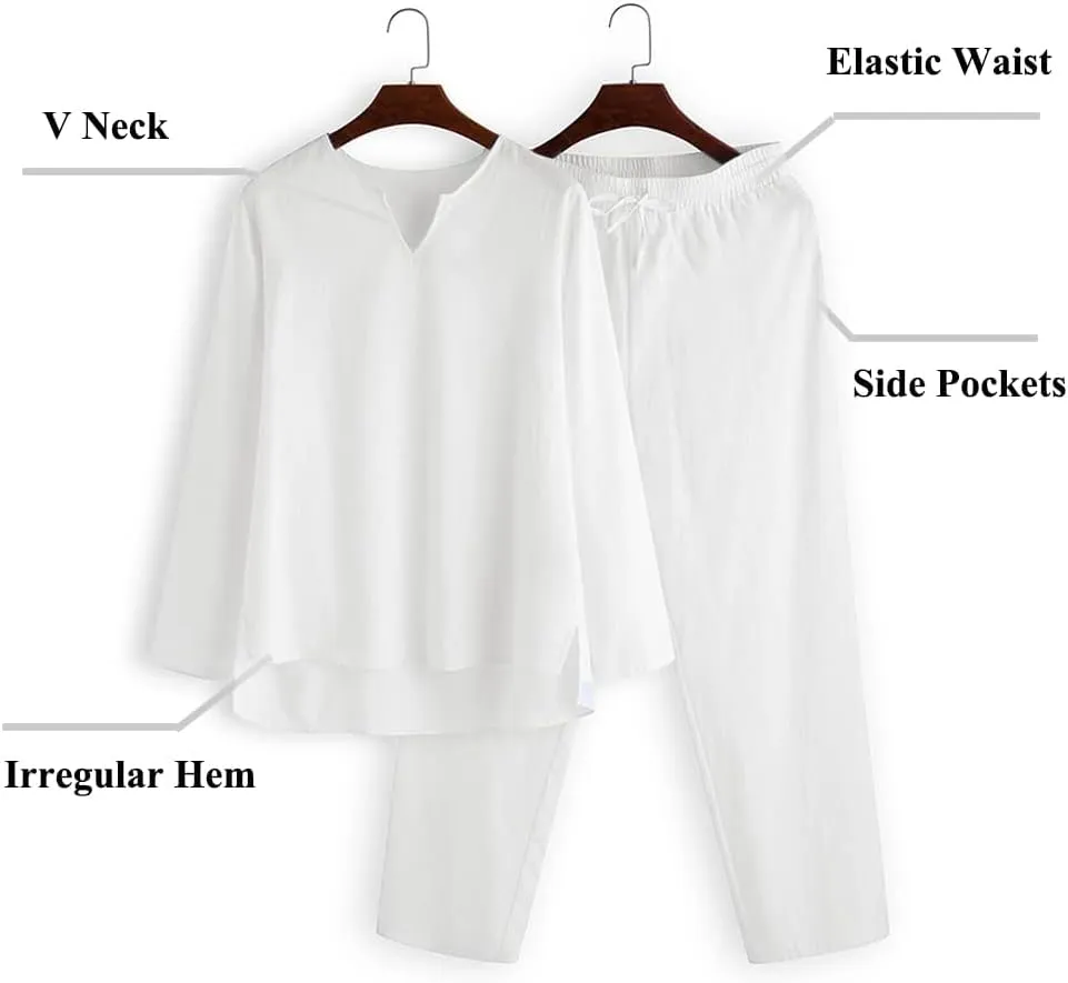 COOFANDY Men's 2 Pieces Cotton Linen Set Henley Shirt Long Sleeve and Casual Beach Pants Summer Yoga Outfits