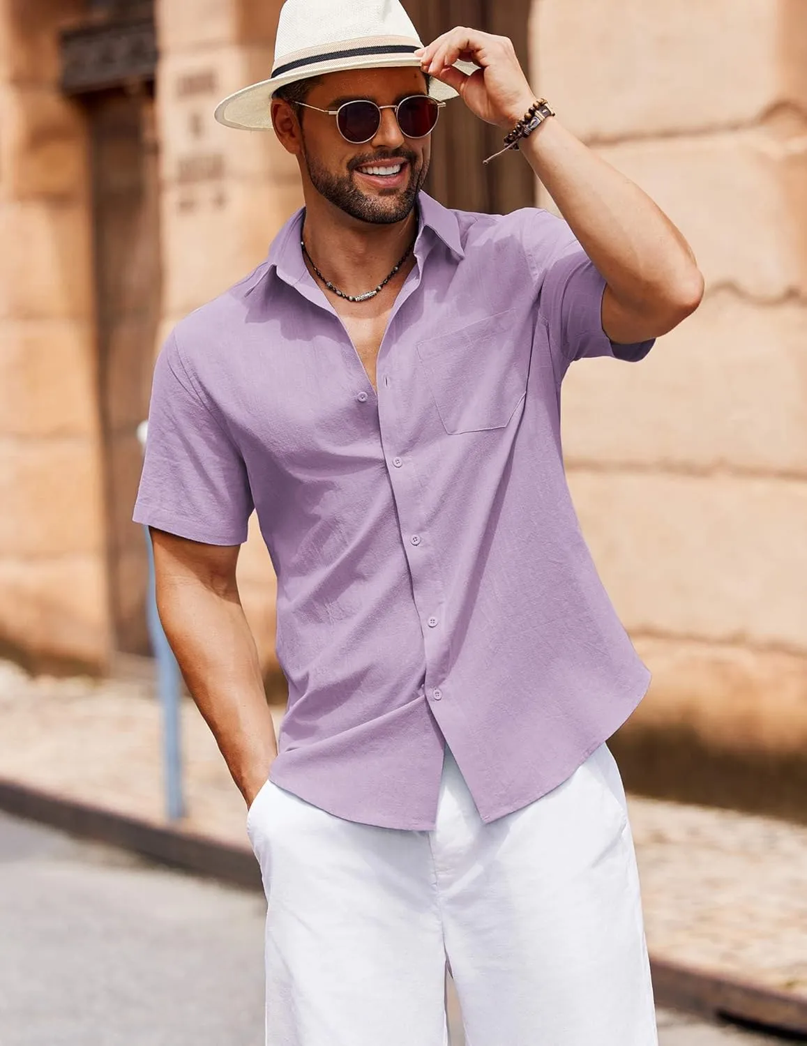 COOFANDY Men's Button Down Short Sleeve Shirt Casual Cotton Summer Beach Linen Wedding Shirts with Pocket