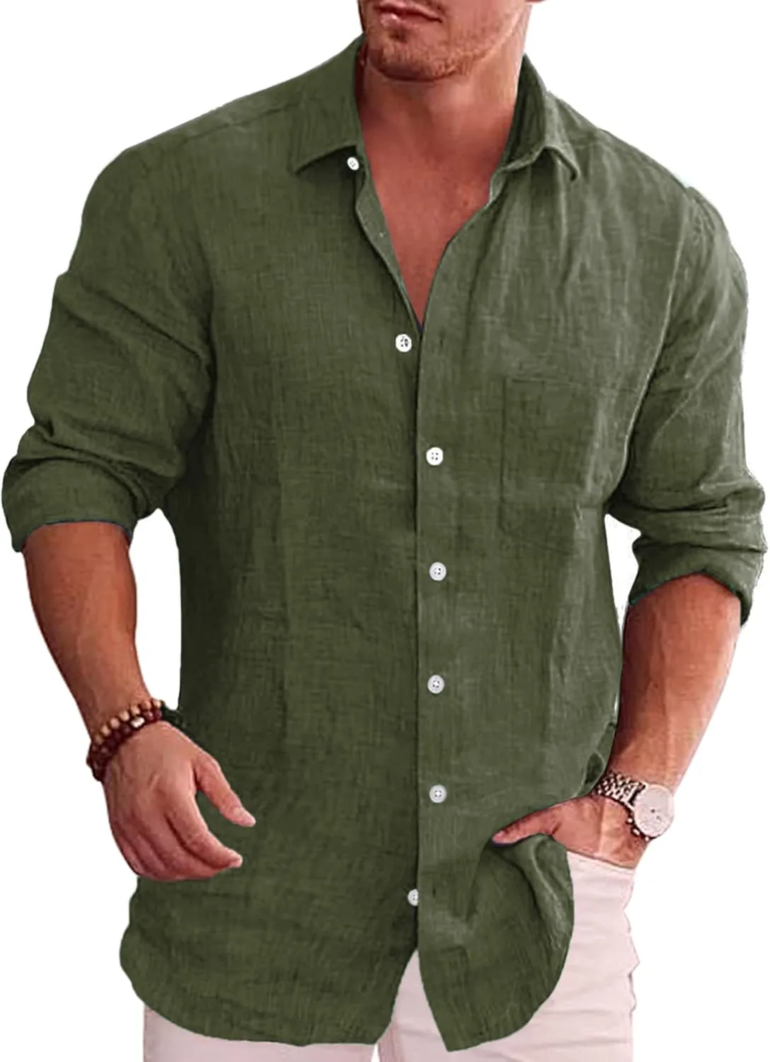 COOFANDY Men's Casual Button Down Shirt Long Sleeve Linen Chambray Shirt