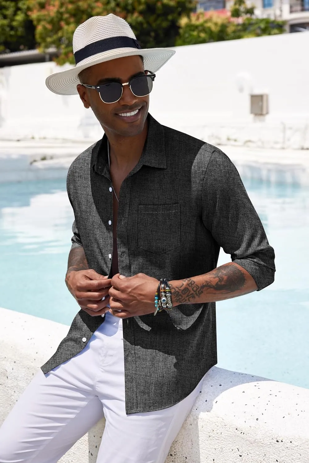 COOFANDY Men's Casual Button Down Shirt Long Sleeve Linen Chambray Shirt