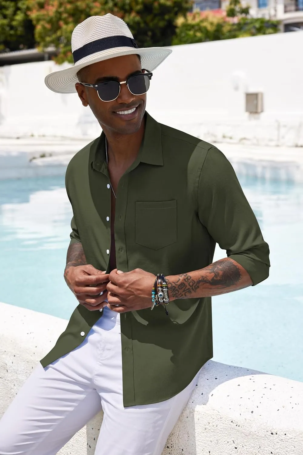 COOFANDY Men's Casual Button Down Shirt Long Sleeve Linen Chambray Shirt