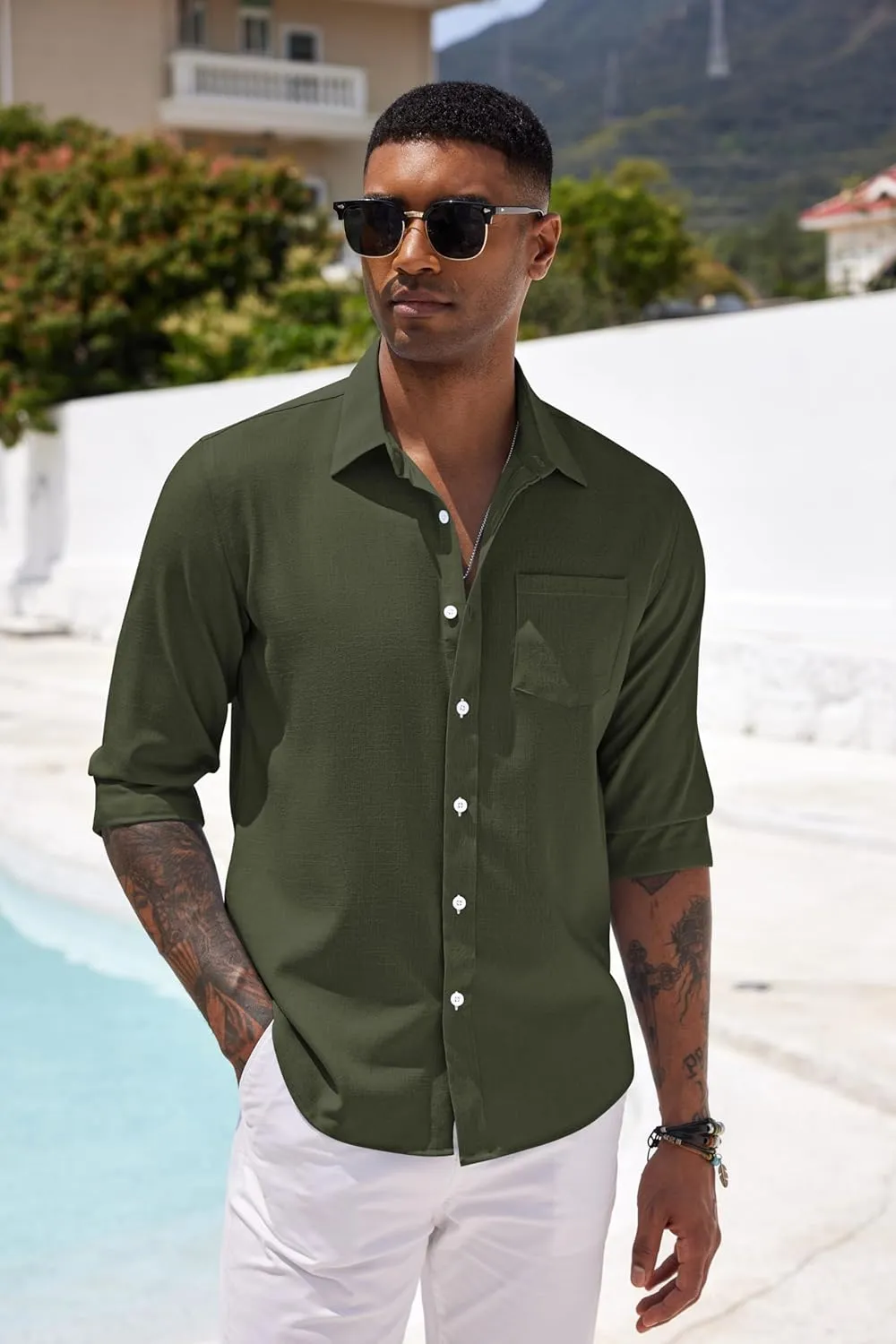COOFANDY Men's Casual Button Down Shirt Long Sleeve Linen Chambray Shirt