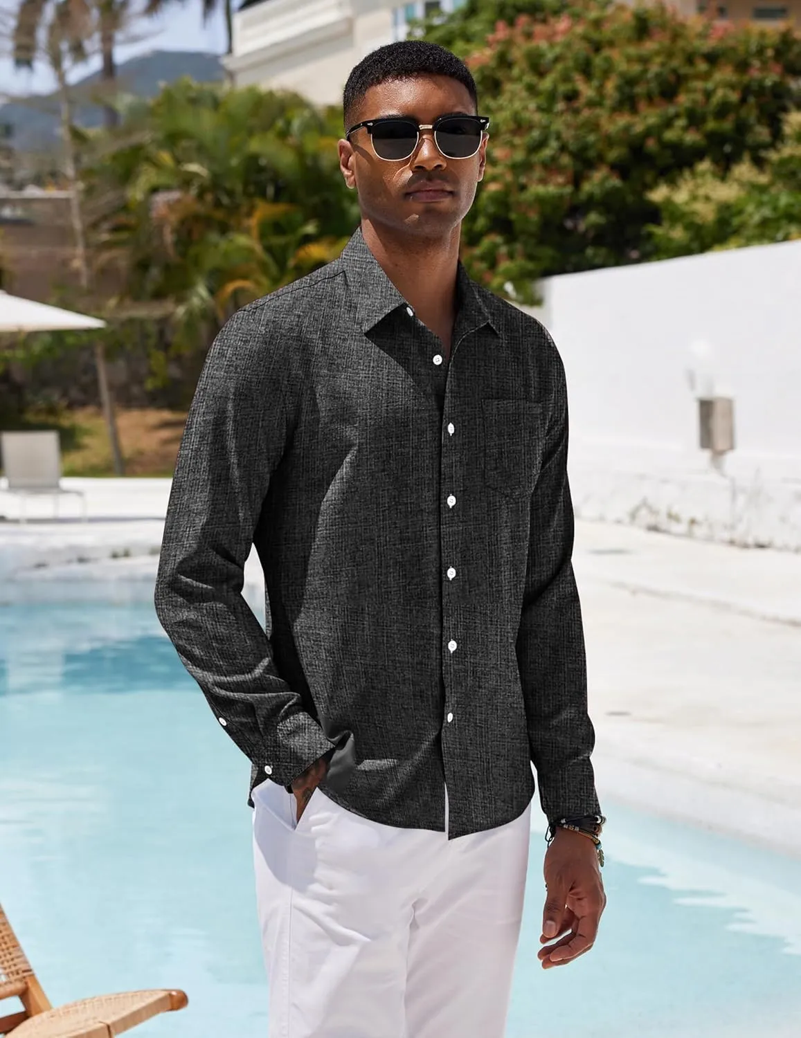 COOFANDY Men's Casual Button Down Shirt Long Sleeve Linen Chambray Shirt