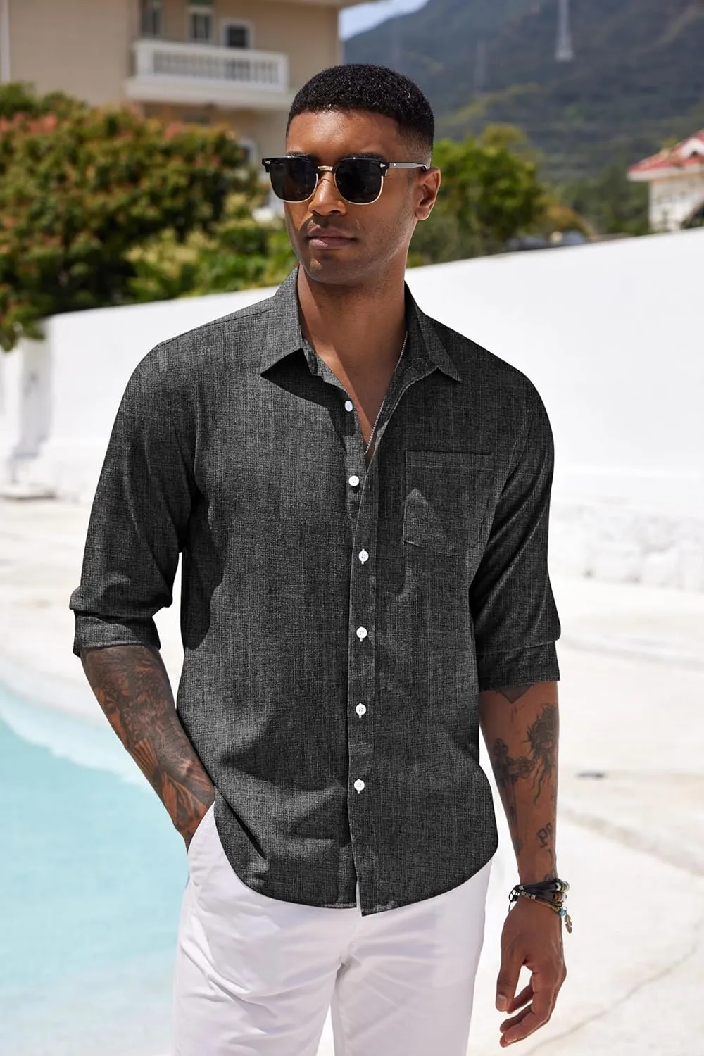 COOFANDY Men's Casual Button Down Shirt Long Sleeve Linen Chambray Shirt