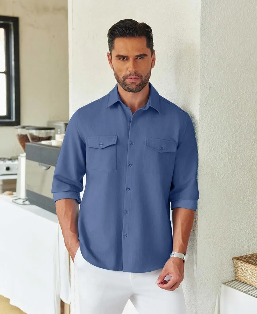 COOFANDY Men's Casual Button Down Shirt Long Sleeve Untucked Shirt Stretch Denim Dress Shirt with Pockets