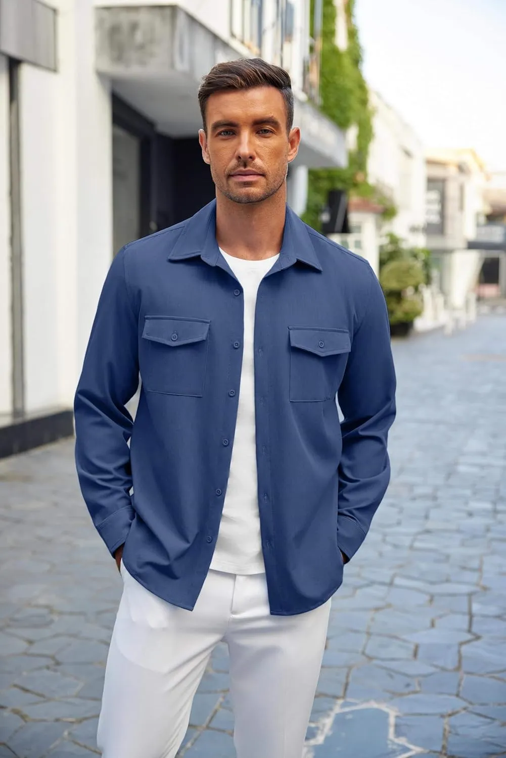 COOFANDY Men's Casual Button Down Shirt Long Sleeve Untucked Shirt Stretch Denim Dress Shirt with Pockets