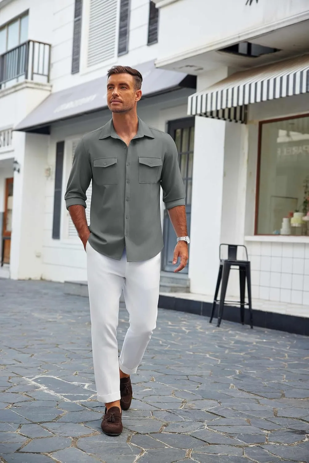 COOFANDY Men's Casual Button Down Shirt Long Sleeve Untucked Shirt Stretch Denim Dress Shirt with Pockets