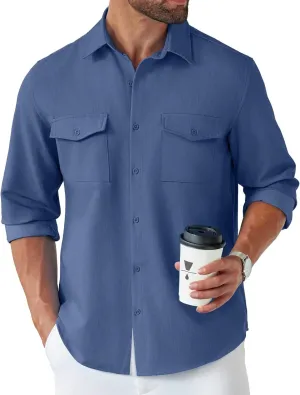 COOFANDY Men's Casual Button Down Shirt Long Sleeve Untucked Shirt Stretch Denim Dress Shirt with Pockets