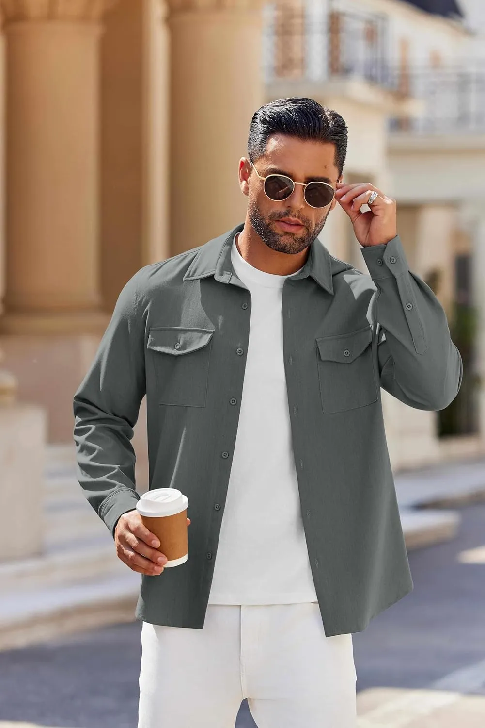 COOFANDY Men's Casual Button Down Shirt Long Sleeve Untucked Shirt Stretch Denim Dress Shirt with Pockets
