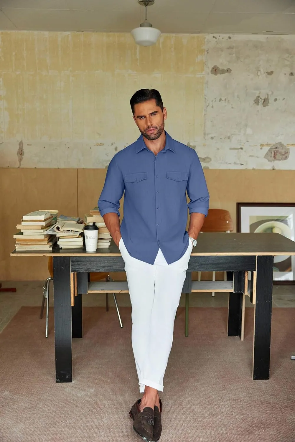 COOFANDY Men's Casual Button Down Shirt Long Sleeve Untucked Shirt Stretch Denim Dress Shirt with Pockets