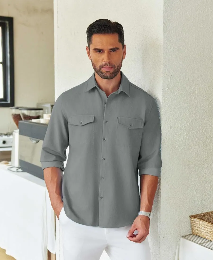 COOFANDY Men's Casual Button Down Shirt Long Sleeve Untucked Shirt Stretch Denim Dress Shirt with Pockets