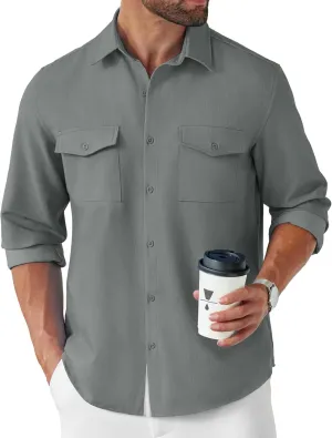 COOFANDY Men's Casual Button Down Shirt Long Sleeve Untucked Shirt Stretch Denim Dress Shirt with Pockets