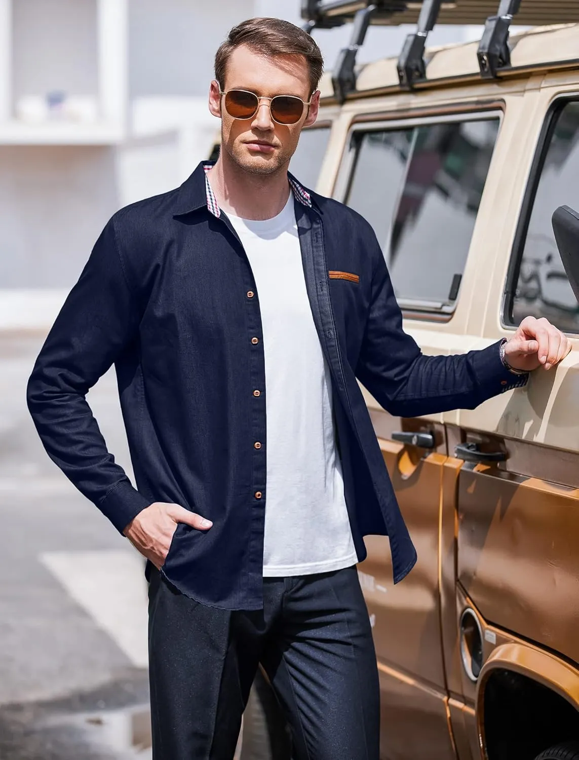 COOFANDY Men's Casual Dress Shirt Button Down Shirts Long-Sleeve Plaid Collar Denim Work Shirt