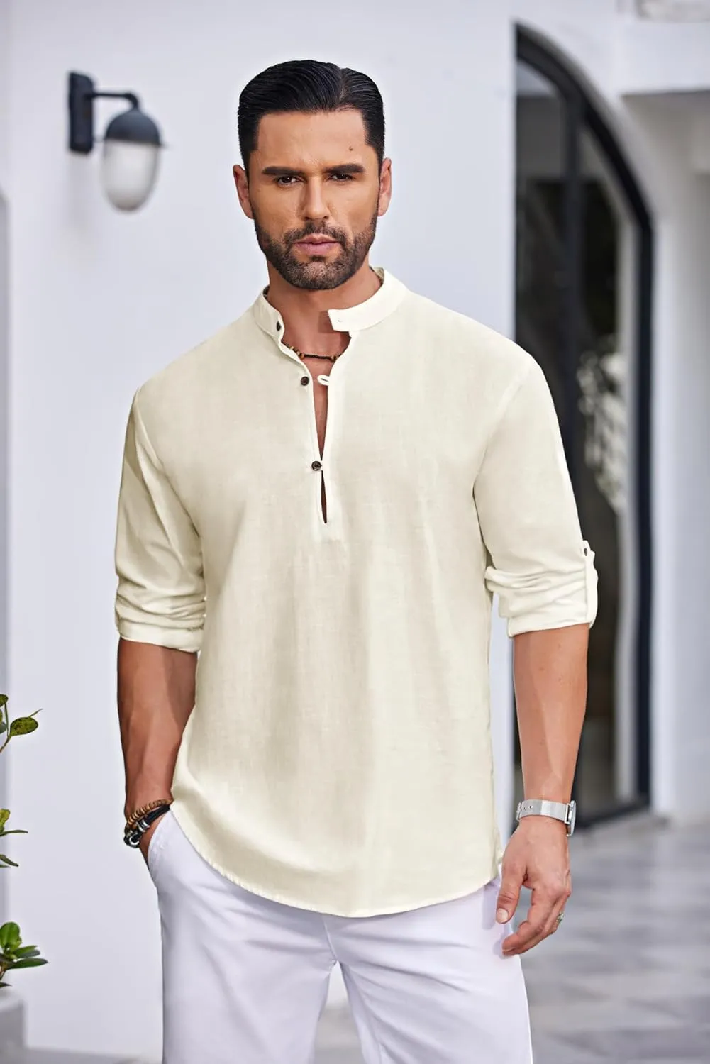 COOFANDY Men's Cotton Linen Henley Shirt Casual Beach Hippie Shirts Long Sleeve T-Shirts