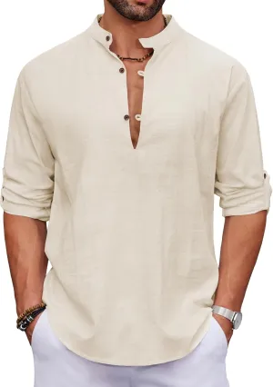 COOFANDY Men's Cotton Linen Henley Shirt Casual Beach Hippie Shirts Long Sleeve T-Shirts