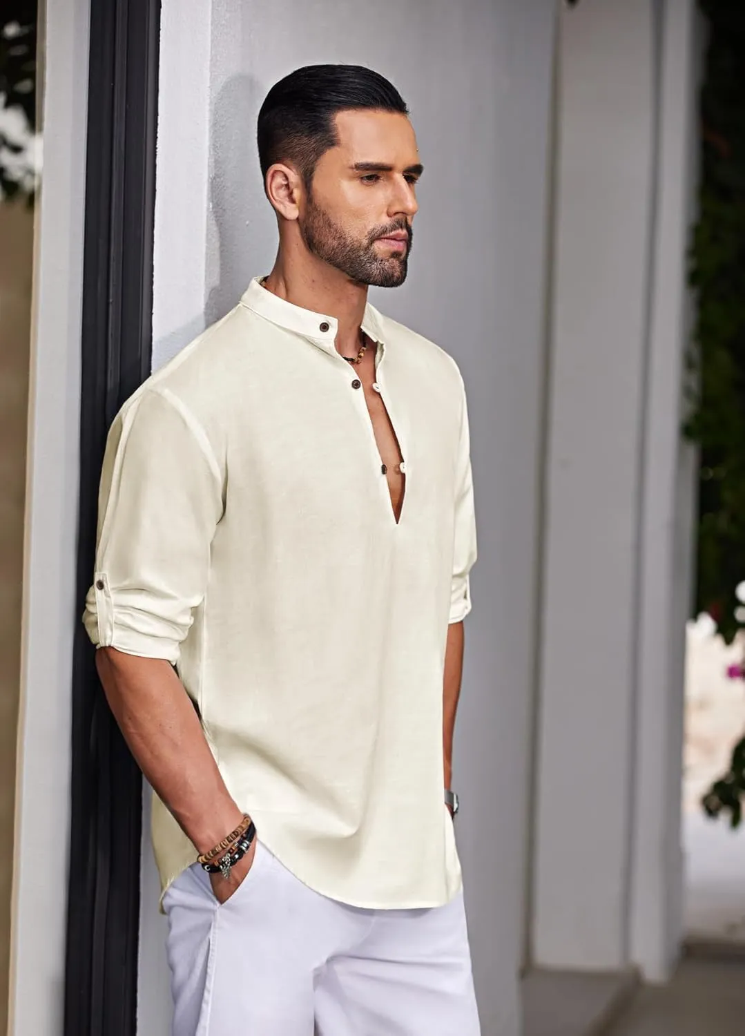 COOFANDY Men's Cotton Linen Henley Shirt Casual Beach Hippie Shirts Long Sleeve T-Shirts