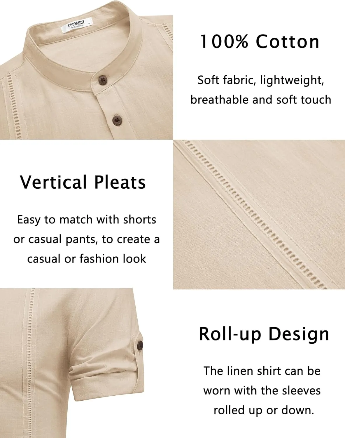 COOFANDY Men's Cotton Linen Henley Shirt Short Sleeve Hippie Casual Band Collar Summer Beach T-Shirts