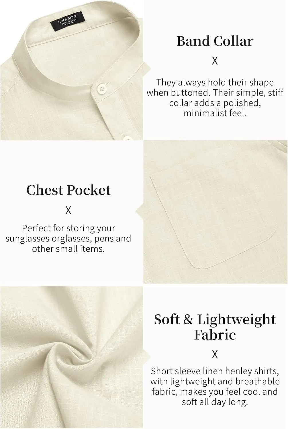 COOFANDY Men's Cotton Linen Henley Shirt Short Sleeve Hippie Casual Beach T-Shirts with Pocket