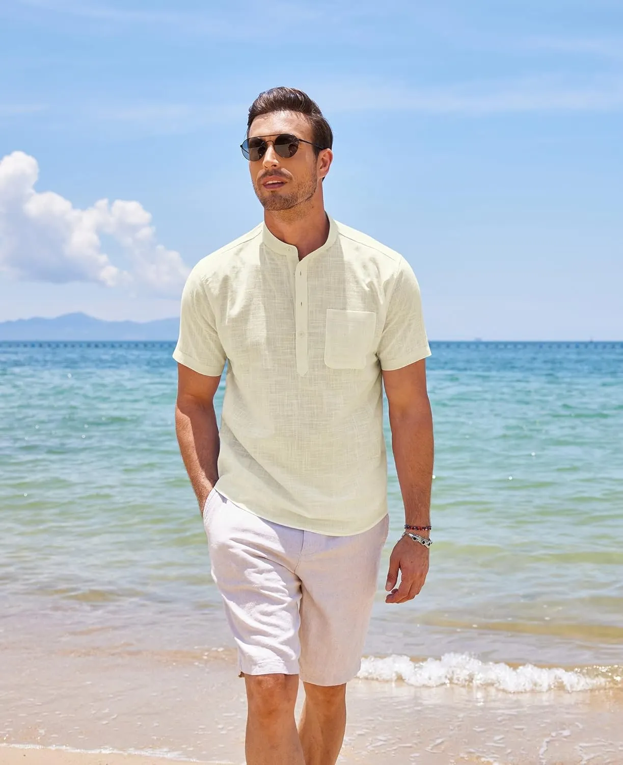 COOFANDY Men's Cotton Linen Henley Shirt Short Sleeve Hippie Casual Beach T-Shirts with Pocket