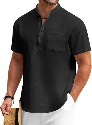 COOFANDY Men's Cotton Linen Henley Shirt Short Sleeve Hippie Casual Beach T-Shirts with Pocket