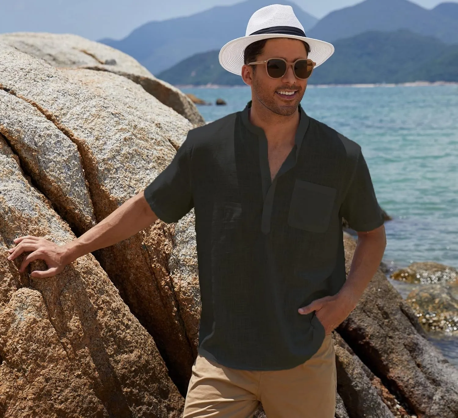 COOFANDY Men's Cotton Linen Henley Shirt Short Sleeve Hippie Casual Beach T-Shirts with Pocket