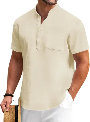 COOFANDY Men's Cotton Linen Henley Shirt Short Sleeve Hippie Casual Beach T-Shirts with Pocket